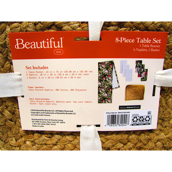 Beautiful 8-Piece Table Set Runner 6 Napkins Drew Barrymore Basket Gray + Floral - Picture 4 of 4